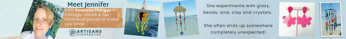 Meet Jennifer from Emaloes Thingys in Chicago, Illinois & her whimsical pieces to make you smile Artisans Cooperative She experiments with glass, beads, wire, clay and crystals.   She often ends up somewhere completely unexpected!