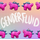 Alternating stegosaurus charms placed into two rows on the top and bottom of the image. Both charms are magenta with dark blue back plates and light yellow eyes. "Genderfluid" is handwritten in white between the two rows. The background is a pastel rainbow gradient overlaid by an unevenly faded white grid.