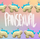 Two images of a stegosaurus charm facing opposite directions, arranged in an alternating pattern in two rows along the top and bottom of the image. The charm is light yellow with teal back plates and light pink eyes. "Pansexual" is handwritten in white in the middle of the image between the two rows. The background is an unevenly faded white grid overlaying a pastel rainbow gradient.