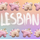 Alternating stegosaurus charms arranged in two rows on the top and bottom of the image. One is pastel orange with light pink back plates and eyes. The other is light pink with pastel orange plates and eyes. "Lesbian" is handwritten in white in the middle of the image between the two rows. The background of the image is an unevenly faded white grid overlaying a pastel rainbow gradient.