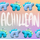 Two stegosaurus charms placed in an alternating pattern in two rows across the top and bottom of the image, against a pastel rainbow gridded background. One charm is light blue with teal back plates. The other is teal with light green plates. The word "Achillean" is written in white between the two rows.