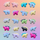 20 pride flag-themed stegosaurus charms set up in five rows of four against a gridded, pastel rainbow background. Featured flags are rainbow, lesbian, achillean, bisexual, pansexual, trans, nonbinary, genderfluid, intersex, asexual, and aromantic.