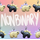 Two stegosaurus charms in an alternating pattern in two rows along the top and bottom of the image. One charm is pastel yellow with pastel purple back plates and black eyes. The other is black with yellow plates and purple eyes. "Nonbinary" is handwritten in the middle of the image between the two rows. The background is an unevenly translucent white grid overlaying a pastel rainbow gradient.