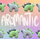 Alternating stegosaurus charms against a pastel rainbow gridded background. One is light green with black back plates and grey eyes. The other is light grey with light green plates and black eyes. They line the word "Aromantic", written in white, on the top and bottom of the image.