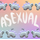Images of the same stegosaurus charm facing opposite directions, arranged in an alternating pattern in two rows along the top and bottom of the image. The charm is light grey with pastel purple back plates and black eyes. "Asexual" is handwritten in white in the middle of the image between the two rows. The background is a pastel rainbow gradient overlaid by an unevenly faded white grid.