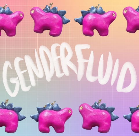 Alternating stegosaurus charms placed into two rows on the top and bottom of the image. Both charms are magenta with dark blue back plates and light yellow eyes. "Genderfluid" is handwritten in white between the two rows. The background is a pastel rainbow gradient overlaid by an unevenly faded white grid.