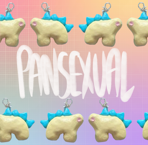 Two images of a stegosaurus charm facing opposite directions, arranged in an alternating pattern in two rows along the top and bottom of the image. The charm is light yellow with teal back plates and light pink eyes. "Pansexual" is handwritten in white in the middle of the image between the two rows. The background is an unevenly faded white grid overlaying a pastel rainbow gradient.