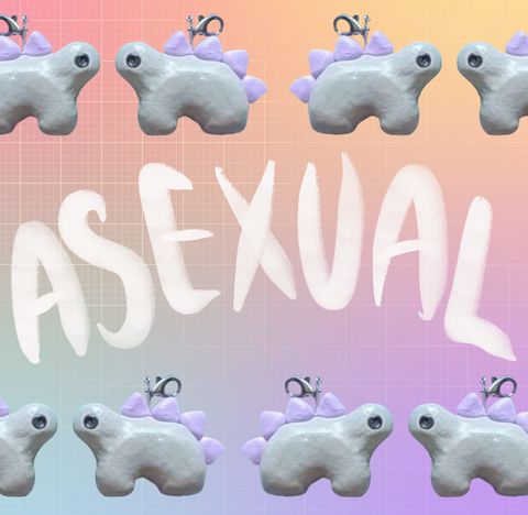 Images of the same stegosaurus charm facing opposite directions, arranged in an alternating pattern in two rows along the top and bottom of the image. The charm is light grey with pastel purple back plates and black eyes. "Asexual" is handwritten in white in the middle of the image between the two rows. The background is a pastel rainbow gradient overlaid by an unevenly faded white grid.