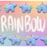 Alternating stegosaurus charms arranged in two rows along the top and bottom of the image. All of the charms are pastel blue with rainbow-colored back plates, but two have white eyes and the other two have pastel purple eyes. "Rainbow" is handwritten in white in the middle of the image between the two rows. The background is an unevenly faded white grid overlaying a pastel rainbow gradient.