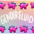 Alternating stegosaurus charms placed into two rows on the top and bottom of the image. Both charms are magenta with dark blue back plates and light yellow eyes. "Genderfluid" is handwritten in white between the two rows. The background is a pastel rainbow gradient overlaid by an unevenly faded white grid.