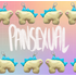 Two images of a stegosaurus charm facing opposite directions, arranged in an alternating pattern in two rows along the top and bottom of the image. The charm is light yellow with teal back plates and light pink eyes. "Pansexual" is handwritten in white in the middle of the image between the two rows. The background is an unevenly faded white grid overlaying a pastel rainbow gradient.