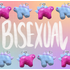 Stegosaurus charms placed in an alternating pattern along two rows on the top and bottom of the image. One charm is magenta with pastel blue back plates and pastel purple eyes. The other is pastel blue with pastel purple plates and magenta eyes. "Bisexual" is handwritten in white in the middle of the image between the two rows. The background is an unevenly faded white grid overlaying a pastel rainbow gradient.