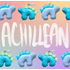 Two stegosaurus charms placed in an alternating pattern in two rows across the top and bottom of the image, against a pastel rainbow gridded background. One charm is light blue with teal back plates. The other is teal with light green plates. The word "Achillean" is written in white between the two rows.