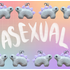Images of the same stegosaurus charm facing opposite directions, arranged in an alternating pattern in two rows along the top and bottom of the image. The charm is light grey with pastel purple back plates and black eyes. "Asexual" is handwritten in white in the middle of the image between the two rows. The background is a pastel rainbow gradient overlaid by an unevenly faded white grid.