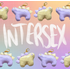Two stegosaurus charms placed in an alternating pattern across two rows on the top and bottom of the image. One charm is pastel purple with pastel yellow back plates. The other is pastel yellow with pastel purple plates. "Intersex" is handwritten in white in the middle of the image between the two rows. The background is an unevenly faded white grid overlaying a pastel rainbow gradient.