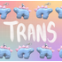 Alternating stegosaurus charms arranged in two rows on the top and bottom of the image. Both charms are pastel blue with light pink back plates and white eyes. "Trans" is handwritten in white between the two rows. The background is an unevenly faded white grid overlaying a pastel rainbow gradient.